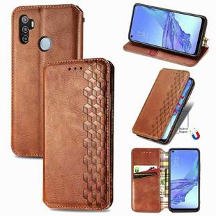 For Oppo A53 2020 Cubic Grid Pressed Horizontal Flip Magnetic PU Leather Case with Holder & Card Slots & Wallet(Brown)