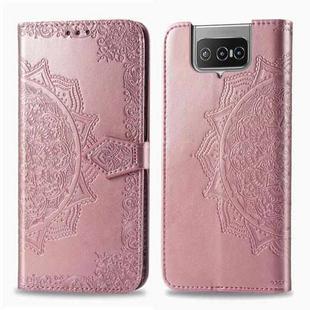For Asus Zenfone 7 Pro ZS671KS Mandala Flower Embossed Horizontal Flip Leather Case with Bracket / Card Slot / Wallet / Lanyard(Rose Gold)