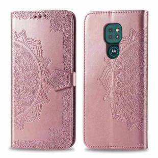 For Moto G9 Play Mandala Flower Embossed Horizontal Flip Leather Case with Bracket / Card Slot / Wallet / Lanyard(Rose Gold)