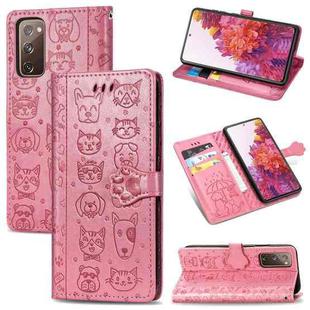 For Galaxy S20 FE / S20 Lite Cute Cat and Dog Embossed Horizontal Flip Leather Case with Bracket / Card Slot / Wallet / Lanyard(Pink)
