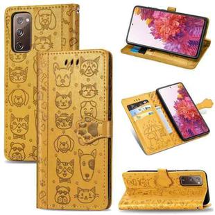 For Galaxy S20 FE / S20 Lite Cute Cat and Dog Embossed Horizontal Flip Leather Case with Bracket / Card Slot / Wallet / Lanyard(Yellow)