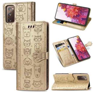 For Galaxy S20 FE / S20 Lite Cute Cat and Dog Embossed Horizontal Flip Leather Case with Bracket / Card Slot / Wallet / Lanyard(Gold)