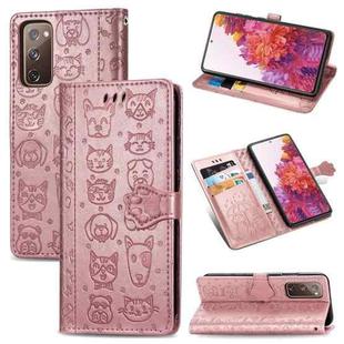 For Galaxy S20 FE / S20 Lite Cute Cat and Dog Embossed Horizontal Flip Leather Case with Bracket / Card Slot / Wallet / Lanyard(Rose Gold)