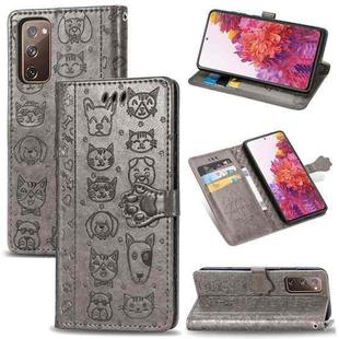 For Galaxy S20 FE / S20 Lite Cute Cat and Dog Embossed Horizontal Flip Leather Case with Bracket / Card Slot / Wallet / Lanyard(Grey)