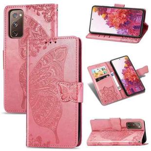 For Galaxy S20 FE / S20 Lite Butterfly Love Flower Embossed Horizontal Flip Leather Case with Bracket / Card Slot / Wallet / Lanyard(Pink)