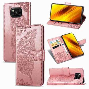 For Xiaomi Poco X3 NFC Butterfly Love Flower Embossed Horizontal Flip Leather Case with Bracket / Card Slot / Wallet / Lanyard(Rose Gold)