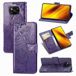 For Xiaomi Poco X3 NFC Butterfly Love Flower Embossed Horizontal Flip Leather Case with Bracket / Card Slot / Wallet / Lanyard(Dark Purple)