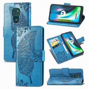 For Moto G9 Play Butterfly Love Flower Embossed Horizontal Flip Leather Case with Bracket / Card Slot / Wallet / Lanyard(Blue)
