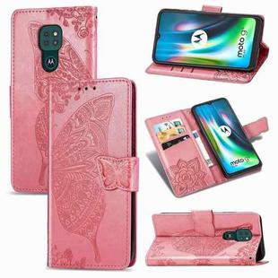 For Moto G9 Play Butterfly Love Flower Embossed Horizontal Flip Leather Case with Bracket / Card Slot / Wallet / Lanyard(Pink)