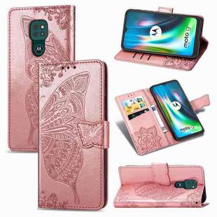 For Moto G9 Play Butterfly Love Flower Embossed Horizontal Flip Leather Case with Bracket / Card Slot / Wallet / Lanyard(Rose Gold)