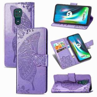 For Moto G9 Play Butterfly Love Flower Embossed Horizontal Flip Leather Case with Bracket / Card Slot / Wallet / Lanyard(Light Purple)