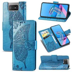 For  Asus Zenfone 7 ZS670KS Butterfly Love Flower Embossed Horizontal Flip Leather Case with Bracket / Card Slot / Wallet / Lanyard(Blue)
