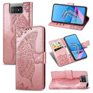 For  Asus Zenfone 7 ZS670KS Butterfly Love Flower Embossed Horizontal Flip Leather Case with Bracket / Card Slot / Wallet / Lanyard(Rose Gold)