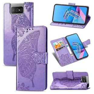 For  Asus Zenfone 7 ZS670KS Butterfly Love Flower Embossed Horizontal Flip Leather Case with Bracket / Card Slot / Wallet / Lanyard(Light Purple)