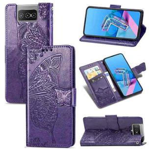 For  Asus Zenfone 7 ZS670KS Butterfly Love Flower Embossed Horizontal Flip Leather Case with Bracket / Card Slot / Wallet / Lanyard(Dark Purple)