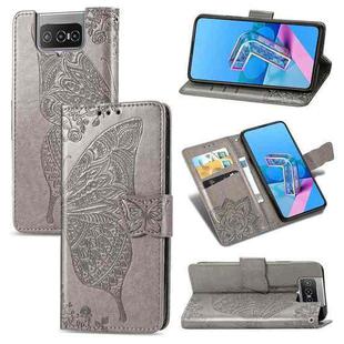 For Asus Zenfone 7 Pro ZS671KS Butterfly Love Flower Embossed Horizontal Flip Leather Case with Bracket / Card Slot / Wallet / Lanyard(Gray)