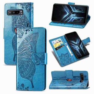 For Asus ROG Phone 3 ZS661KS Butterfly Love Flower Embossed Horizontal Flip Leather Case with Bracket / Card Slot / Wallet / Lanyard(Blue)
