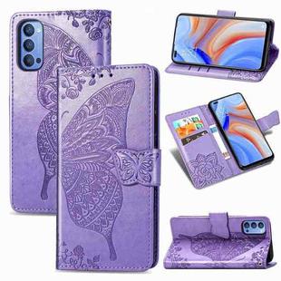 For OPPO Reno 4 4G Butterfly Love Flower Embossed Horizontal Flip Leather Case with Bracket / Card Slot / Wallet / Lanyard(Light Purple)