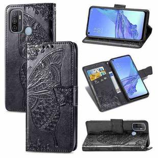 For OPPO A53 2020 Butterfly Love Flower Embossed Horizontal Flip Leather Case with Bracket / Card Slot / Wallet / Lanyard(Black)