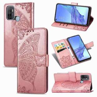 For OPPO A53 2020 Butterfly Love Flower Embossed Horizontal Flip Leather Case with Bracket / Card Slot / Wallet / Lanyard(Rose Gold)