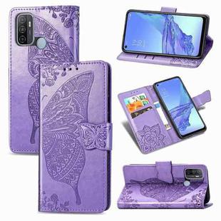 For OPPO A53 2020 Butterfly Love Flower Embossed Horizontal Flip Leather Case with Bracket / Card Slot / Wallet / Lanyard(Light Purple)