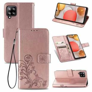 For Samsung Galaxy A42 5G Four-leaf Clasp Embossed Buckle Mobile Phone Protection Leather Case with Lanyard & Card Slot & Wallet & Bracket Function(Rose Gold)