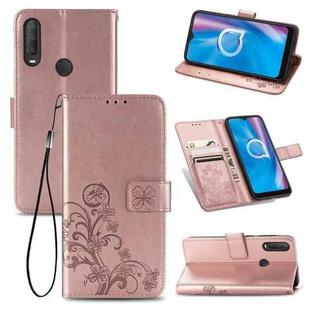 For  Alcatel 1S (2020) Four-leaf Clasp Embossed Buckle Mobile Phone Protection Leather Case with Lanyard & Card Slot & Wallet & Holder Function(Rose Gold)