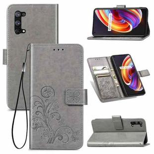 For OPPO Realme X7 Pro Four-leaf Clasp Embossed Buckle Mobile Phone Protection Leather Case with Lanyard & Card Slot & Wallet & Bracket Function(Gray)
