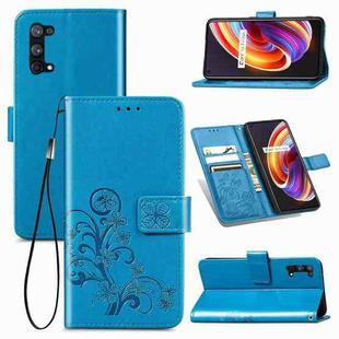 For OPPO Realme X7 Pro Four-leaf Clasp Embossed Buckle Mobile Phone Protection Leather Case with Lanyard & Card Slot & Wallet & Bracket Function(Blue)