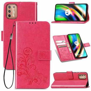 For Motorola Moto G9 Plus Four-leaf Clasp Embossed Buckle Mobile Phone Protection Leather Case with Lanyard & Card Slot & Wallet & Bracket Function(Magenta)