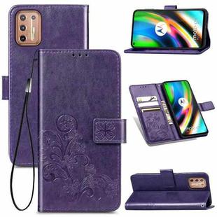 For Motorola Moto G9 Plus Four-leaf Clasp Embossed Buckle Mobile Phone Protection Leather Case with Lanyard & Card Slot & Wallet & Bracket Function(Purole)