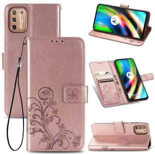 For Motorola Moto G9 Plus Four-leaf Clasp Embossed Buckle Mobile Phone Protection Leather Case with Lanyard & Card Slot & Wallet & Bracket Function(Rose Gold)