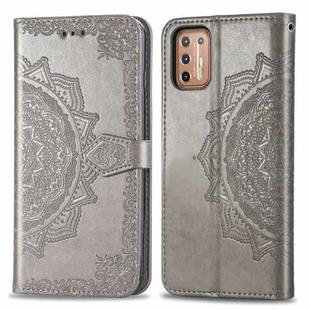 For Motorola Moto G9 Plus Embossed Mandala Pattern TPU + PU Horizontal Flip Leather Case with Holder & Three Card Slots & Wallet(Gray)