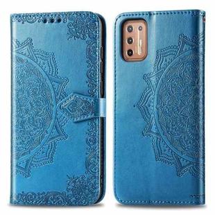 For Motorola Moto G9 Plus Embossed Mandala Pattern TPU + PU Horizontal Flip Leather Case with Holder & Three Card Slots & Wallet(Blue)