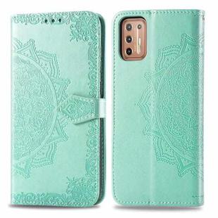 For Motorola Moto G9 Plus Embossed Mandala Pattern TPU + PU Horizontal Flip Leather Case with Holder & Three Card Slots & Wallet(Green)