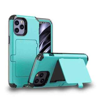 For iPhone 12 / 12 Pro Dustproof Pressure-proof Shockproof PC + TPU Case with Card Slot & Mirror(Sky Blue)