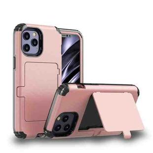 For iPhone 12 / 12 Pro Dustproof Pressure-proof Shockproof PC + TPU Case with Card Slot & Mirror(Rose Gold)
