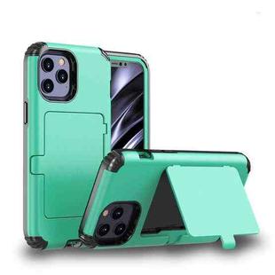 For iPhone 12 / 12 Pro Dustproof Pressure-proof Shockproof PC + TPU Case with Card Slot & Mirror(Teal)