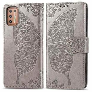 For Motorola Moto G9 Plus Butterfly Love Flower Embossed Horizontal Flip Leather Case with Bracket / Card Slot / Wallet / Lanyard(Gray)
