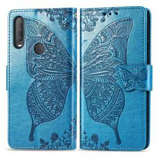 For Alcatel 1S (2020) Butterfly Love Flower Embossed Horizontal Flip Leather Case with Bracket / Card Slot / Wallet / Lanyard(Blue)