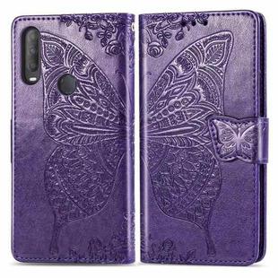 For Alcatel 1S (2020) Butterfly Love Flower Embossed Horizontal Flip Leather Case with Bracket / Card Slot / Wallet / Lanyard(Dark Purple)