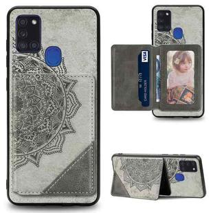 For Galaxy A21S Mandala Embossed Magnetic Cloth Case with Holder & Card Slots & Wallet & Photo Frame(Gray)