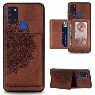 For Galaxy A21S Mandala Embossed Magnetic Cloth Case with Holder & Card Slots & Wallet & Photo Frame(Brown)