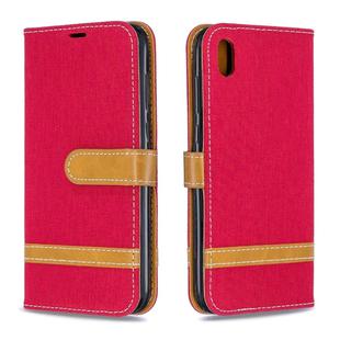 Color Matching Denim Texture Leather Case for Huawei Y5 (2019), with Holder & Card Slots & Wallet & Lanyard(Red)