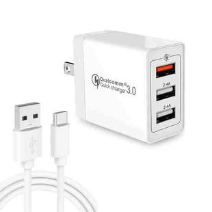 SDC-30W 2 in 1 USB to USB-C / Type-C Data Cable + 30W QC 3.0 USB + 2.4A Dual USB 2.0 Ports Mobile Phone Tablet PC Universal Quick Charger Travel Charger Set, US Plug