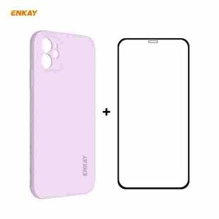 For iPhone 11 Hat-Prince ENKAY ENK-PC0642 Liquid Silicone Straight Edge Shockproof Protective Case + 0.26mm 9H 2.5D Full Glue Full Coverage Tempered Glass Protector Film(Purple)