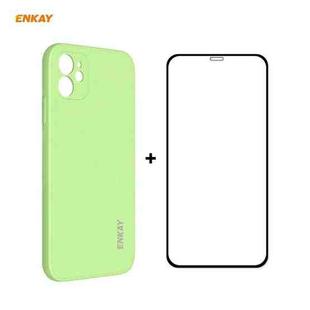For iPhone 11 Hat-Prince ENKAY ENK-PC0642 Liquid Silicone Straight Edge Shockproof Protective Case + 0.26mm 9H 2.5D Full Glue Full Coverage Tempered Glass Protector Film(Light Green)