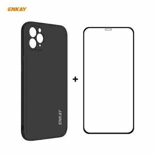 For iPhone 11 Pro Max Hat-Prince ENKAY ENK-PC0662 Liquid Silicone Straight Edge Shockproof Protective Case + 0.26mm 9H 2.5D Full Glue Full Coverage Tempered Glass Protector Film(Black)