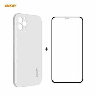 For iPhone 11 Pro Max Hat-Prince ENKAY ENK-PC0662 Liquid Silicone Straight Edge Shockproof Protective Case + 0.26mm 9H 2.5D Full Glue Full Coverage Tempered Glass Protector Film(Beige)