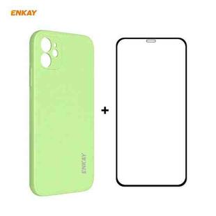 For iPhone 12 mini Hat-Prince ENKAY ENK-PC0672 Liquid Silicone Straight Edge Shockproof Case + 0.26mm 9H 2.5D Full Glue Tempered Glass Film(Light Green)